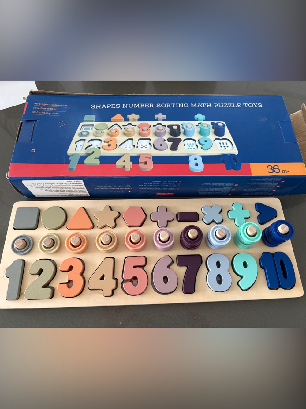 Wooden Numbers & Shapes Sorting Puzzle - Pastel Multicolor